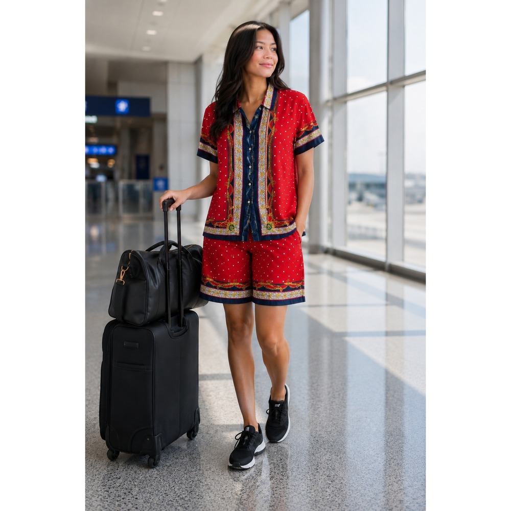 Vintage Liz Sport Red Polka Dot Chain Print‎ Rayon Shirt and Shorts Set PS S